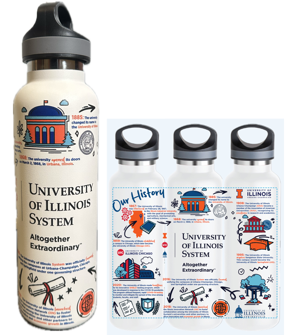 Wide-mouth bottle with design based on the history of the University of Illinois System