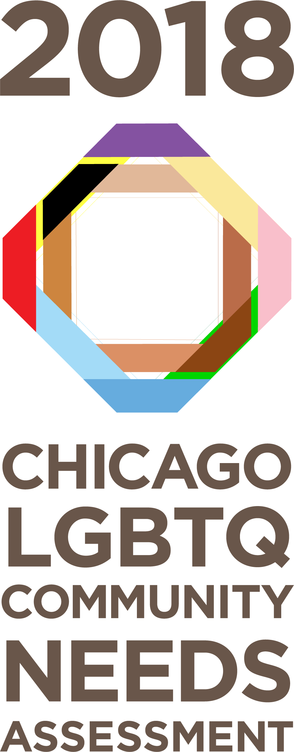 2018 Chicago LGBTQ Community Needs Assessment Logo. Intersecting lines in rainbow colors, including black and brown, representing the inclusive Pride flag.