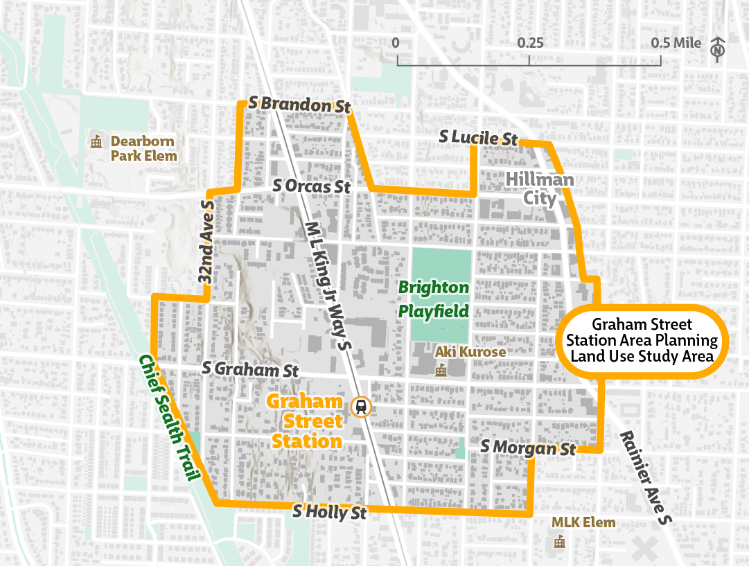 Aerial map showing the Graham Street Station Area Planning Land Use Study area. The area is bordered by S Brandon St, 32nd Ave S, the Chief Sealth Trail, S Holly St, S Morgan St, Rainier Ave S, S Lucile St, and S Orcas St.