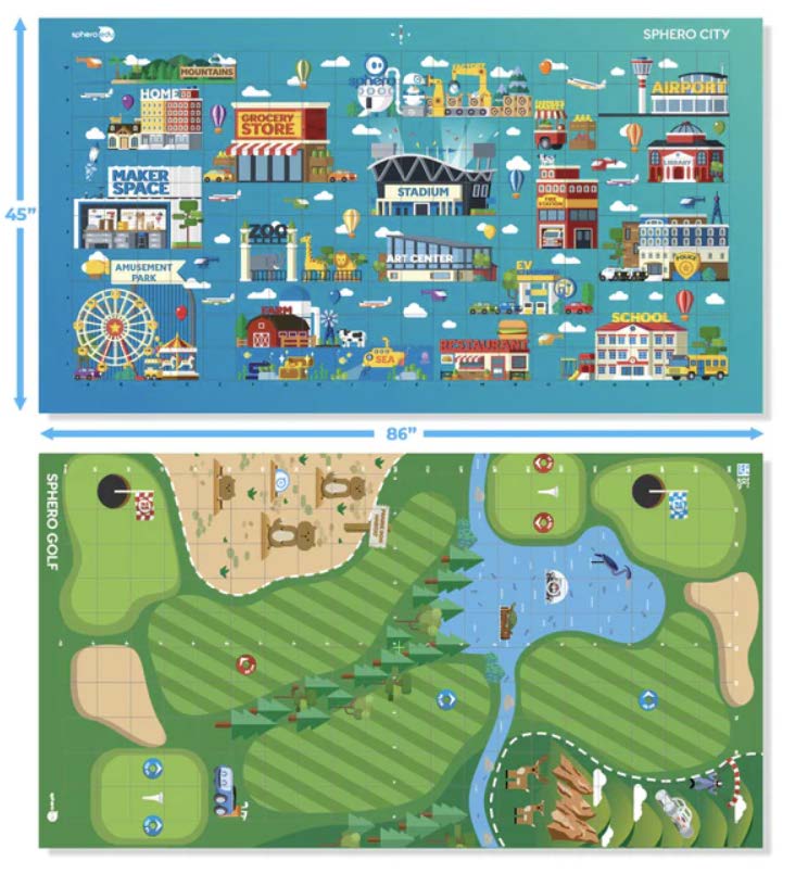 Sphero City and Golf Code MatThis two-sided mat offers a simple, accessible way to learn block-based coding, basic math principles, and collaborative problem-solving with any round Sphero robot. The Code Mat comes with three sets of 10 double-sided coding cards that provide guided, hands-on coding lessons.Choose Sphero City and Golf Code Mat to tee up your Sphero robot and take a swing while exploring concepts like distance, speed, math fundamentals, and basic coding or program your robot to navigate around Sphero City using draw, blocks, or text programming.
