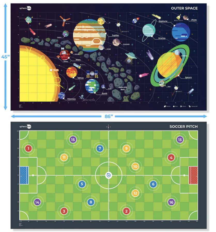 Space and Soccer Code Mat This two-sided mat offers a simple, accessible way to learn block-based coding, basic math principles, and collaborative problem-solving with any round Sphero robot. The Code Mat comes with three sets of 10 double-sided coding cards that provide guided, hands-on coding lessons. Choose Sphero Space and Soccer Code Mat and blast off into orbit to explore the solar system with Sphero Outer Space while gaining the foundations for computational thinking or dribble down the fi eld in hopes of programming a goal for your team with Sphero Soccer Pitch.